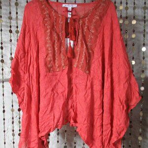 BCBG Orange Boho Swim Cover, Oversize Comfy Gauze Shirt With Tassels